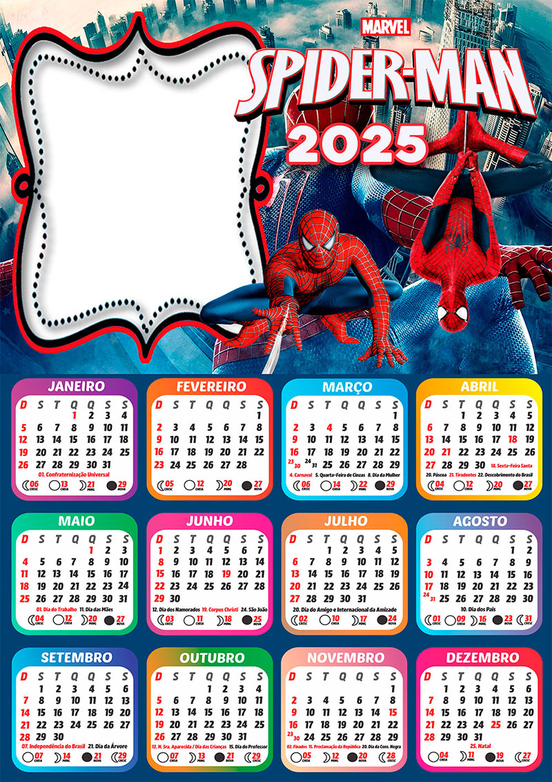 Calendário 2025 SpiderMan Marvel em PNG Arte Digital CalendárioLegal