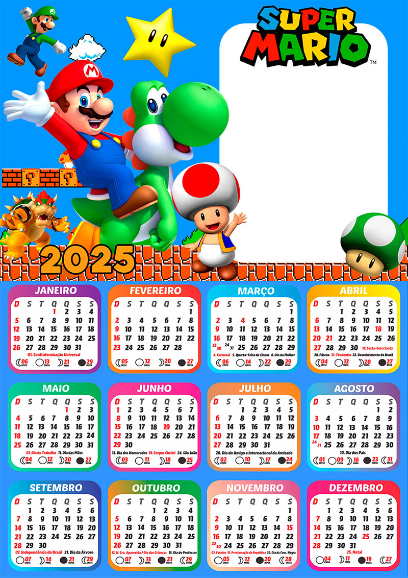 Calendário 2025 Super Mario em PNG Arte Digital CalendárioLegal