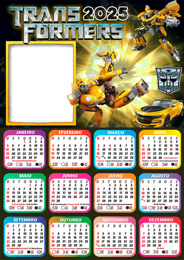 Calendário 2025 Transformer Bumblebee em PNG Arte Digital CalendárioLegal