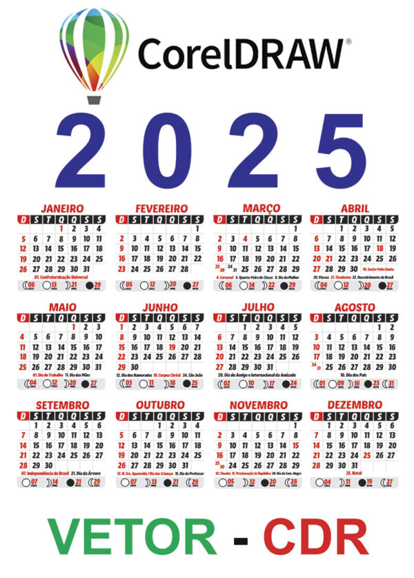 Calendário 2025 CDR Editável com Feriados