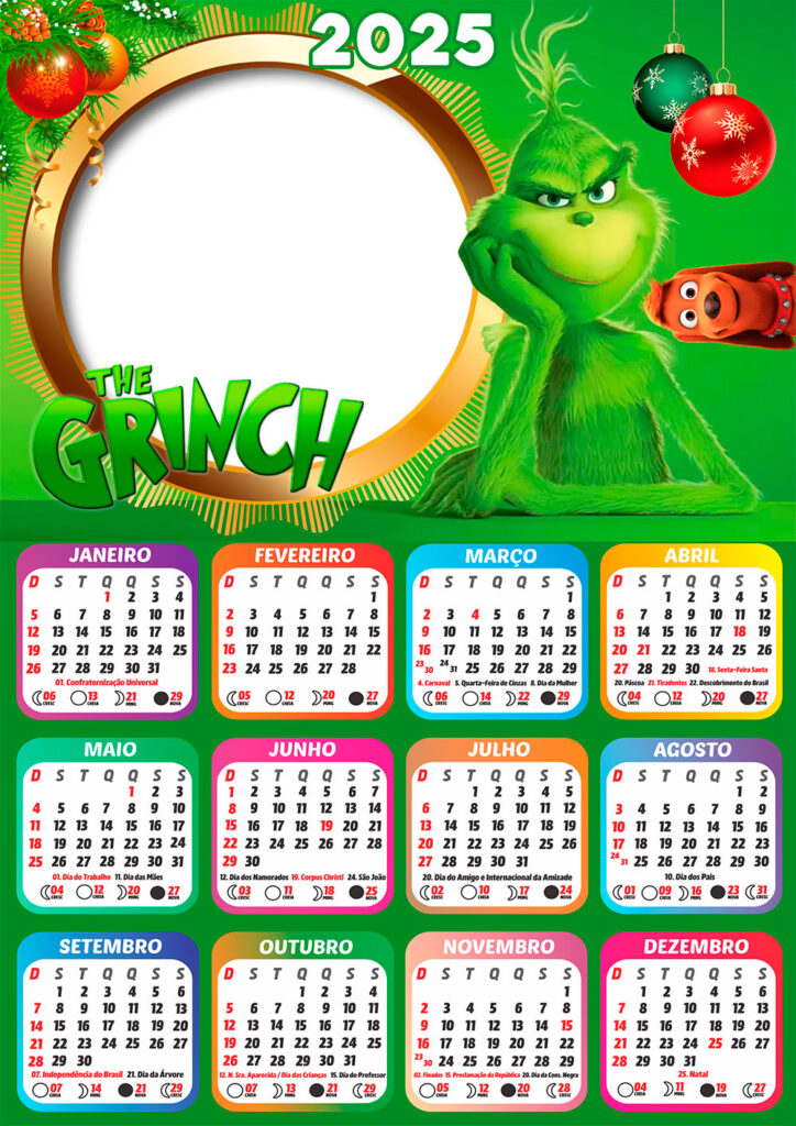 Calendário 2025 O Grinch PNG Arte Digital CalendárioLegal