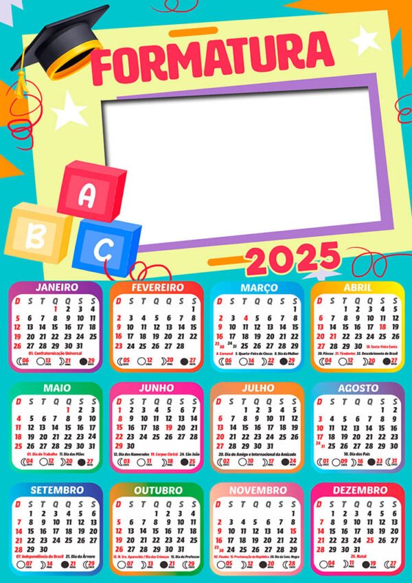 Calendário 2025 ABC Formatura Infantil PNG Arte Digital