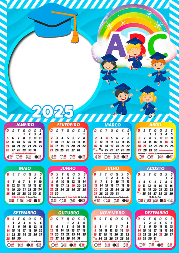 Calendário 2025 Crianças Formatura Azul PNG Arte Digital