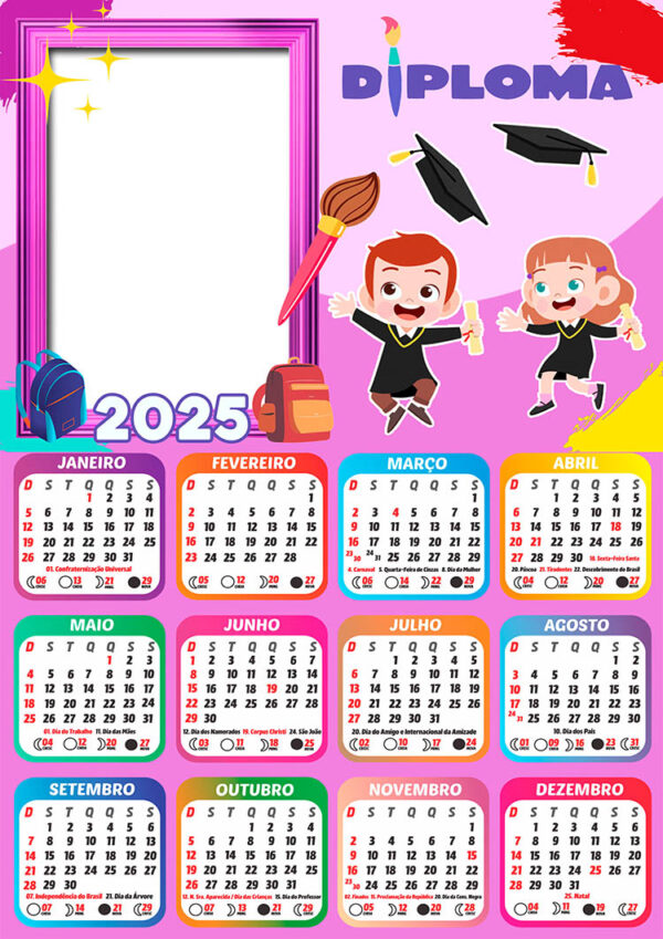 Calendário 2025 Diploma Formatura PNG Arte Digital