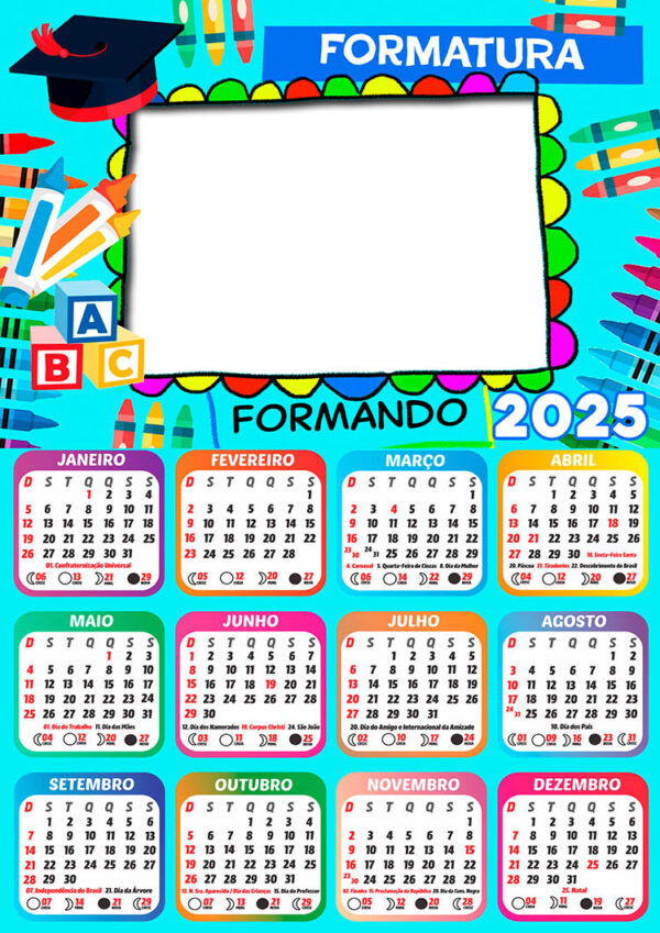 Calendário 2025 Formando Crianças Formatura PNG Arte Digital