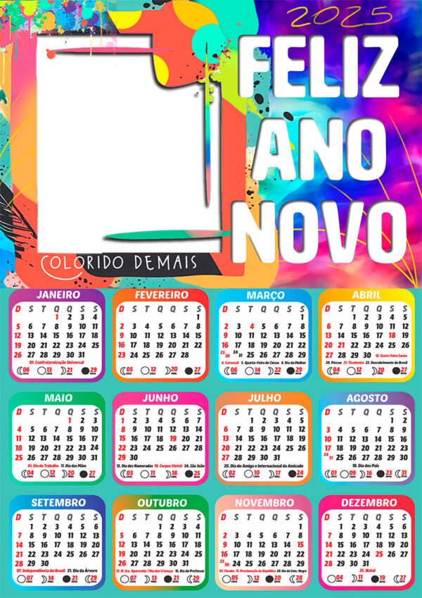 Calendário 2025 Feliz Ano Novo Colorido PNG Arte Digital