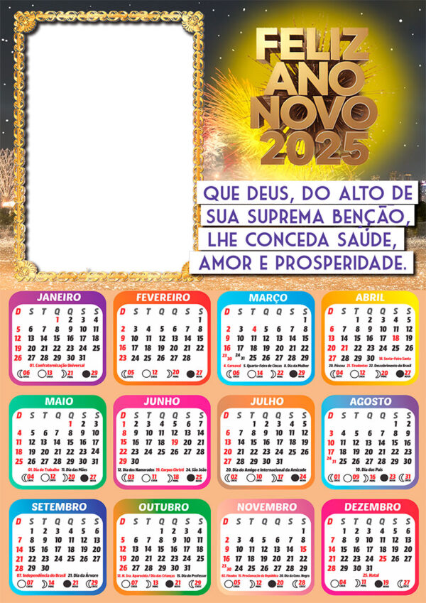 Calendário 2025 Feliz Ano Novo Que Deus Abençoe PNG Arte Digital