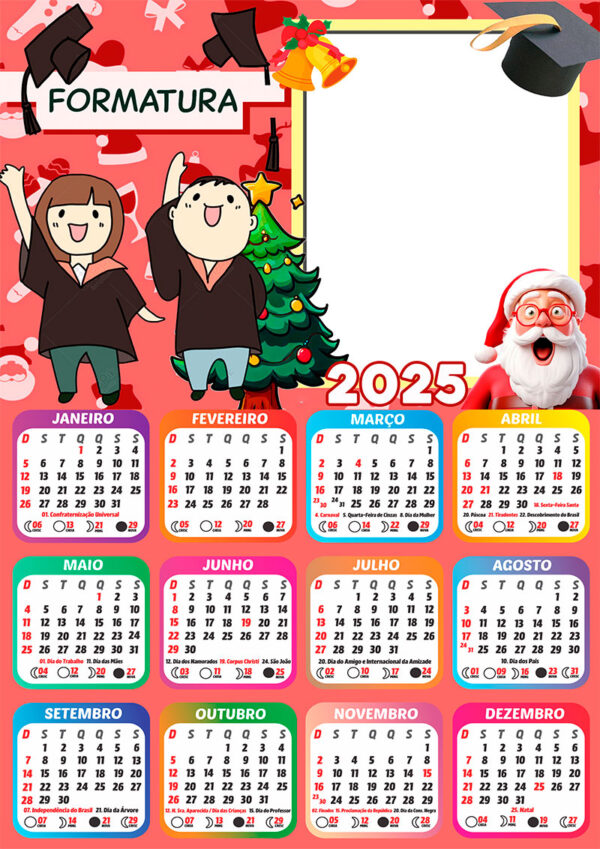 Calendário 2025 Formatura Natal Papai Noel PNG Arte Digital