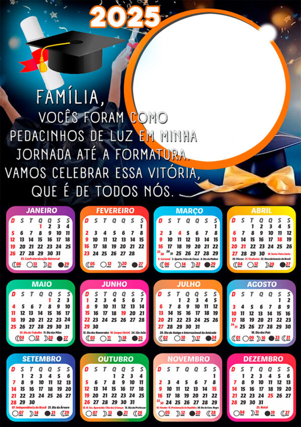 Calendário 2025 Formatura com Mensagem de Agradecimento PNG Arte Digital