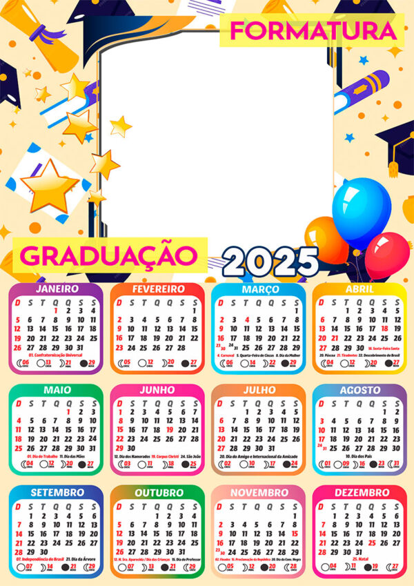 Calendário 2025 Graduação Formatura PNG Arte Digital