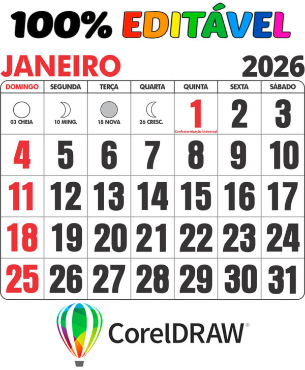 Base de Calendário 2026 Editável Mini Folhinha em Corel Draw CDR