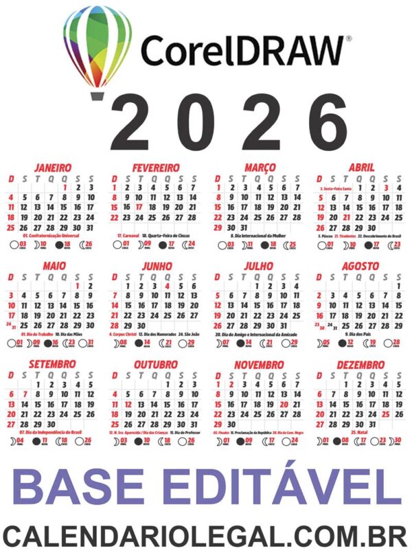 Calendário 2026 Grade Transparente Editável CDR Corel