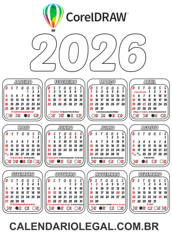 Calendário 2026 Desenho para Colorir e Imprimir Vetor CDR
