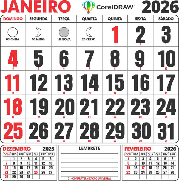 Calendário Folhinha 2026 para Parede Vetor CDR Corel