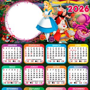 Calendário 2026 Alice no País das Maravilhas PNG Arte Digital