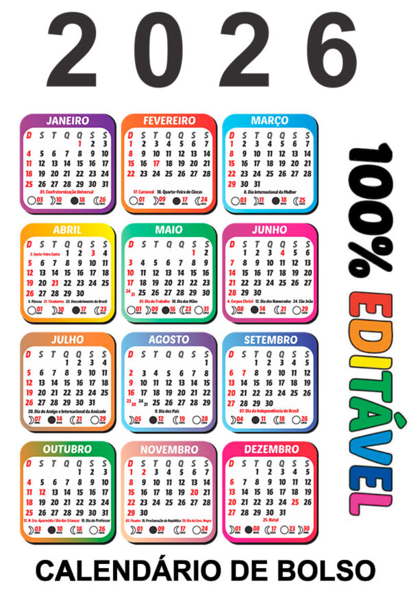 Calendário 2026 de Bolso Vetor Colorido Editável