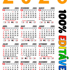 Calendário 2026 Brasileiro com Feriados Nacionais de Bolso