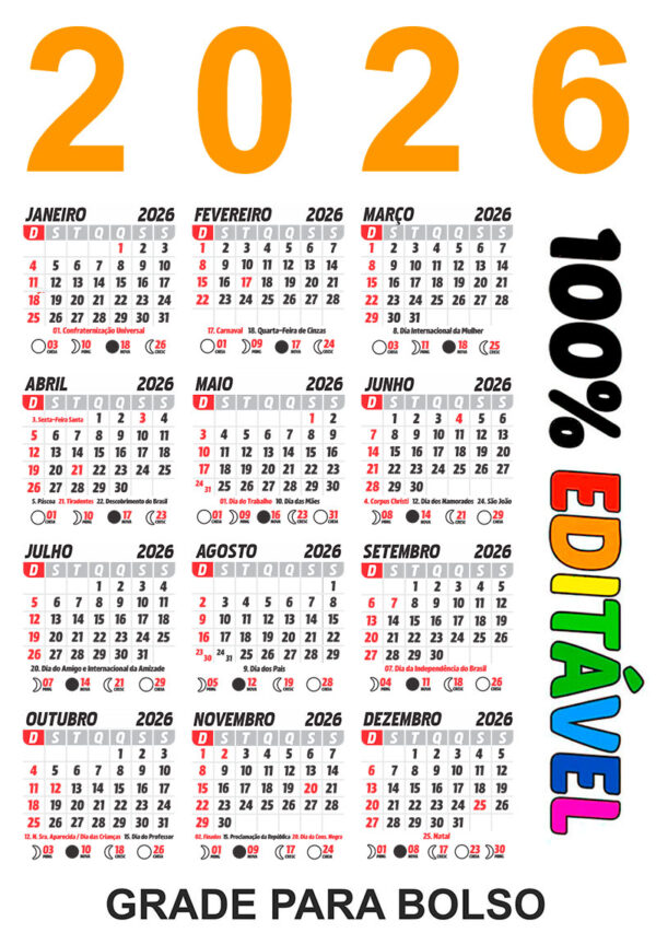 Calendário 2026 Brasileiro com Feriados Nacionais de Bolso
