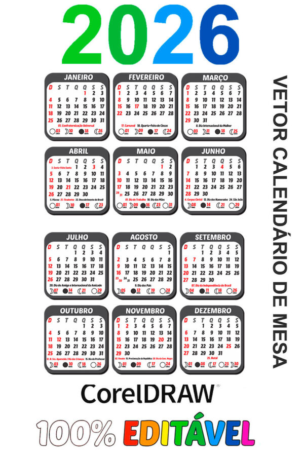 Grade Calendário 2026 de Mesa Semestral Arquivo Digital