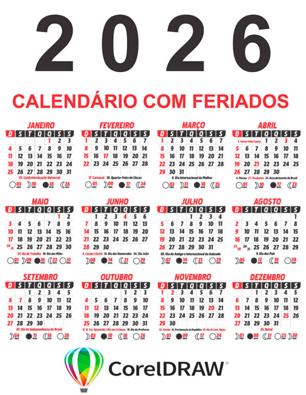 Calendário 2026 Vetor Fundo Transparente CorelDraw CDR