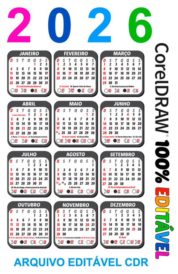Calendário 2026 Bolso Editável com Feriados e Fases da Lua