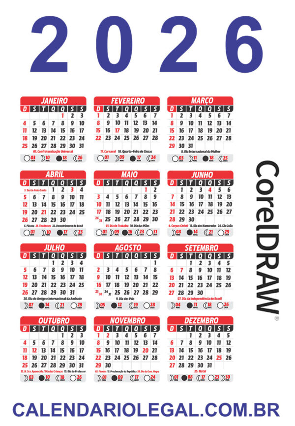 Calendário 2026 de Bolso com Feriados