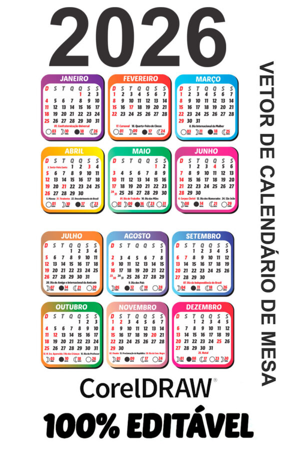 Calendário de Mesa 2026 Vetor Arquivo Digital em CDR