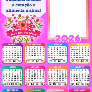 Calendário 2026 Amor de Mãe Feliz Dia das Mães PNG Arte Digital