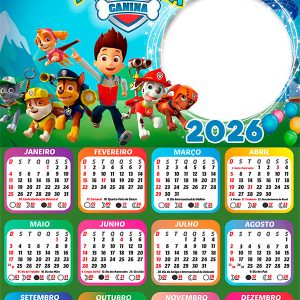 Calendário 2026 Aniversário Patrulha Canina PNG Arte Digital