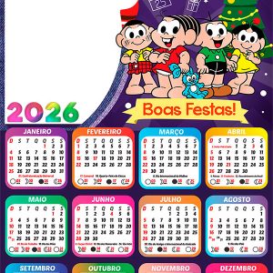 Calendário 2026 Boas Festas Turma da Mônica PNG Arte Digital