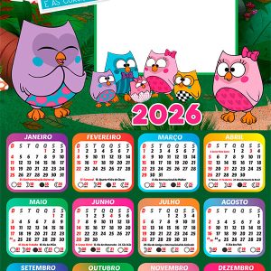 Calendário 2026 Bubu e as Corujinhas PNG Arte Digital