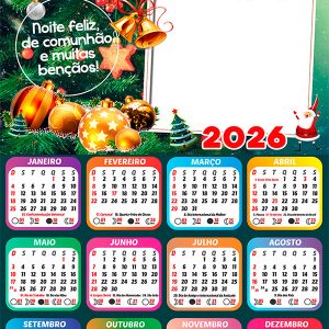 Calendário 2026 Comunhão e Muitas Bençãos Feliz Natal Arte