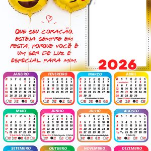 Calendário 2026 Coração sempre em Festa Feliz Aniversário