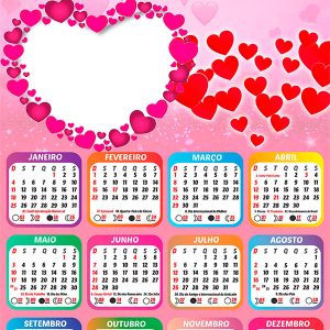 Calendário 2026 Corações Tema PNG Arte Digital