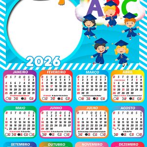 Calendário 2026 Crianças Formatura Azul PNG Arte Digital