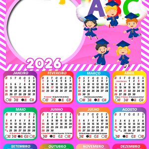Calendário 2026 Crianças Formatura Rosa PNG Arte Digital