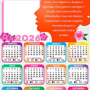 Calendário 2026 Dia Da Mulher 8 de Março Mensagem Arte Digital