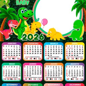Calendário 2026 Dino Baby PNG Arte Digital
