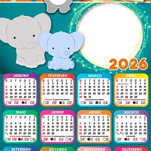 Calendário 2026 Elefantinho PNG Arte Digital