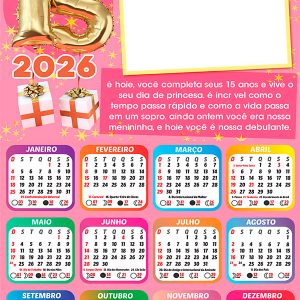 Calendário 2026 Feliz Aniversário 15 Anos PNG Arte Digital