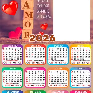 Calendário 2026 Feliz Aniversário Amor PNG Arte Digital
