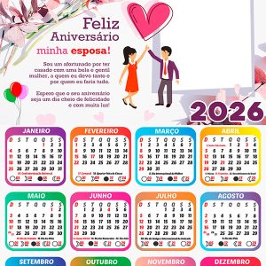 Calendário 2026 Feliz Aniversário Esposa PNG Arte Digital