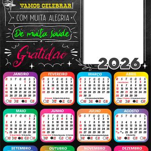 Calendário 2026 Feliz Aniversário Gratidão PNG Arte Digital