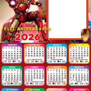 Calendário 2026 Feliz Aniversário Homem de Ferro Arte Digital