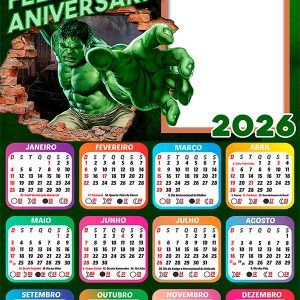 Calendário 2026 Feliz Aniversário Hulk PNG Arte Digital