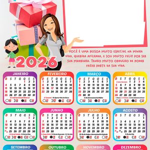 Calendário 2026 Feliz Aniversário Madrinha para Afilhada Arte