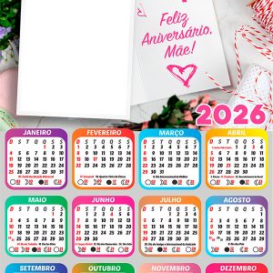 Calendário 2026 Feliz Aniversário Mãe PNG Arte Digital