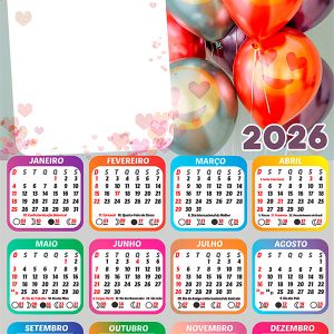 Calendário 2026 Feliz Aniversário Meu Amor PNG Arte
