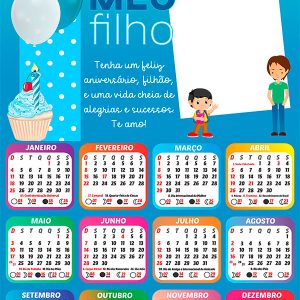 Calendário 2026 Feliz Aniversário Meu Filho PNG Arte Digital
