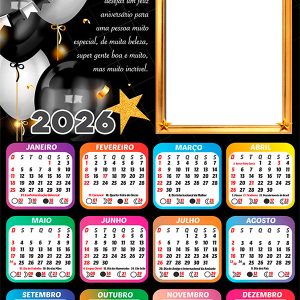 Calendário 2026 Feliz Aniversário Muito Incrível PNG Arte Digital